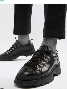 ASOS DESIGN Black Leather Chunky Platform Trail Shoes Goth Y2K
